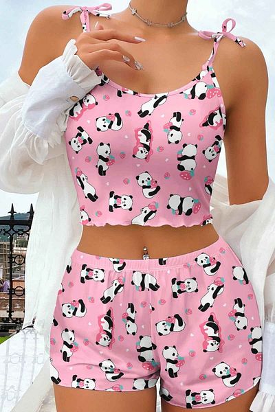 Çeyize dair herşey Set pantaloni scurți și pijamale roz cu model panda - 6421