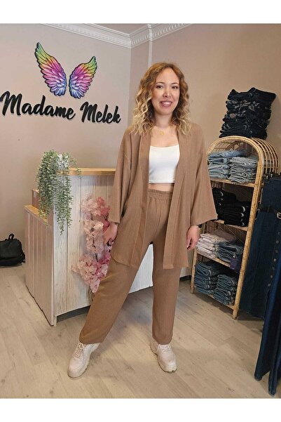 Milky Brown Color Women's Kimono Burdock Fabric Bottom-Top Set