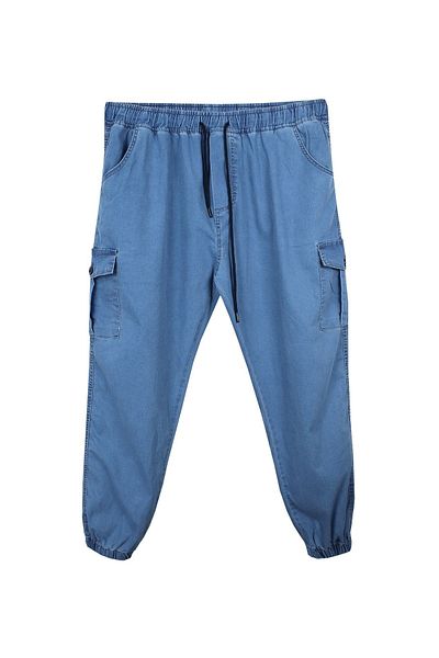 marufshop Large Size Jeans Jogger Pants with Cargo Pockets Light Blue