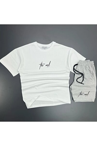 MODARİCH The End White T-shirt Gray Combed Cotton Shorts - Shorts T-Shirt Bottom Top Set Printed Oversize Crew Neck