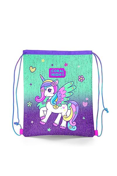 Coral High Kids Purple Aqua Green Unicorn Patterned Drawstring Drawstring Backpack 22691