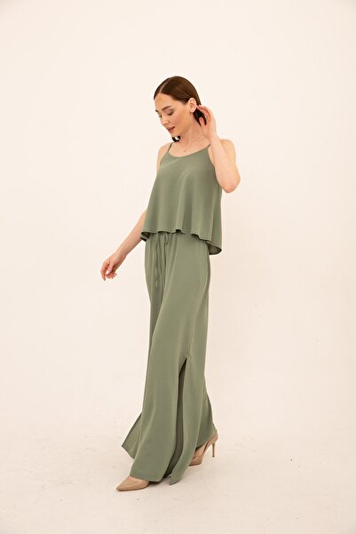 Laranor Nile Green Wide Leg Elastic Waist Slit Detail Ayrobin Trousers