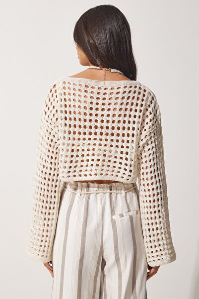 Happiness İstanbul Damska kremowa ażurowa bluzka z dzianiny Crop MC00186