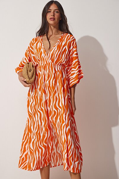 Happiness İstanbul Orangefarbenes, langes Viskose-Sommerkleid mit tiefem V-Ausschnitt für Damen CI00081