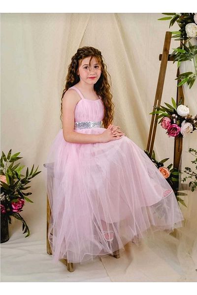 AZRA ÇOCUK GİYİM Βραδινό φόρεμα κοριτσιού ροζ τούλι σατέν
