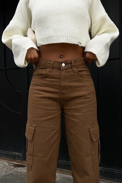 Livik Fiona Back Pocketless Brown Cargo Loose Lycra Super ψηλόμεσο τζιν παντελόνι