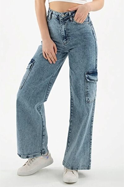 Livik Dawn Medium Blue Snow Wash Cargo Loose Lycra Pantaloni de jeans cu talie super inalta fara buzunar la spate