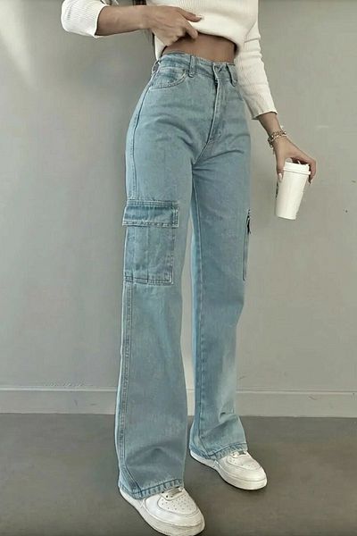 Livik Dixie Baby Blue Cargo Loose Lycra Pantaloni de jeans cu talie super inalta fara buzunar la spate
