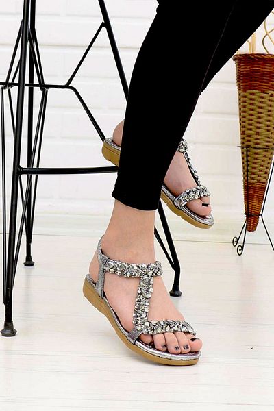 Guja Women's Silver Stoned Orthopedic Daily Gray Sandals