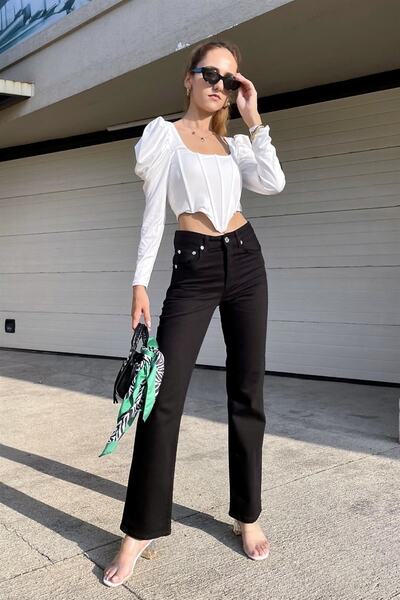 DRC trend Sahra Black Sa likrom Široke nogavice Ležerne farmerke Visok struk ...