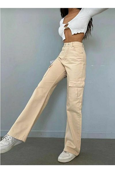 Livik Ellinor Back Pocketless Beige Cream Cargo Loose Lycra Super ψηλόμεσο τζιν παντελόνι