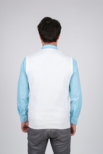 Çizgi Triko Ανδρικά πλεκτά πουλόβερ με λαιμόκοψη σε λευκό χρώμα, ελαστική μέση, χειμερινή υφαντή κανονική εφαρμογή