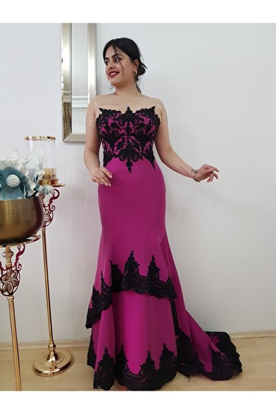 FERGAN Kadın Mor Tafta Kumaş Tasarım Balık Abiye Elbise