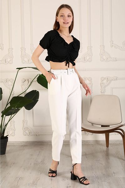 MAİYS STORE Women's White Fabric Trousers, High Waist, Belt, Waist Pleated, Carrot Model