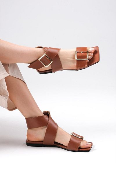 Mio Gusto Simone Tan Color Cross-Strapped Heelless Flat Women's Sandals