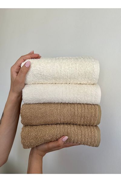 SHAL HOME Set of 4 Hand / Face - 100% Cotton, 50X90Cm, Striped Brown-Cream