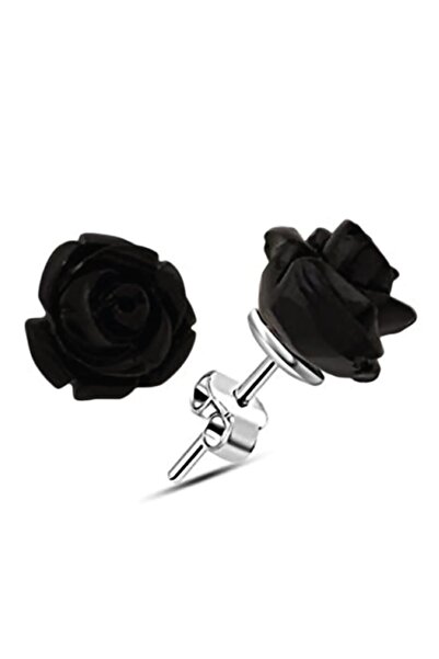 bymissmücevherat 925 Ayar Siyah Gül Model Kadın Gümüş Küpe 6 Mm