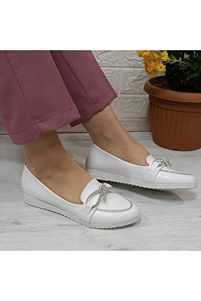 Fiyra 4012 Model White Stoned with Ribbon - Non-Slip Ballerinas Handmade