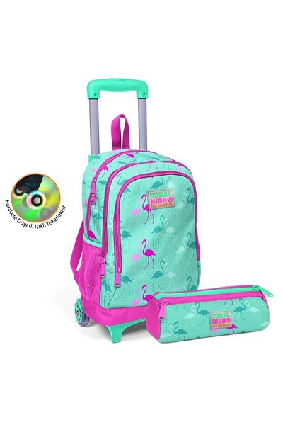 Coral High Set de genți pentru raclete cu model flamingo, verde apă, neon, roz pentru copii (suport pentru pix)