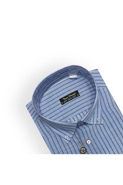 Sadık Collection Two Hands Чоловіча сорочка великого розміру з довгими рукавами, однією кишенею, бавовняна, синя в смужку 424