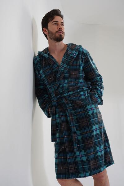 VİENETTA Men's Fleece Hooded Long Sleeve Long Dressing Gown
,201046