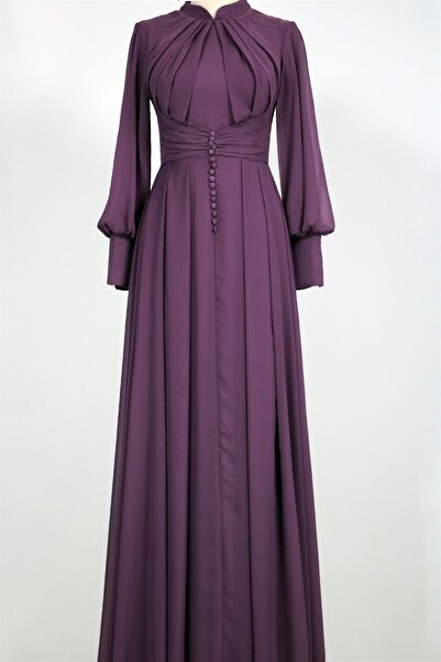 hepyen 8567 Göğüsü Piliseli Beli Düğmeli Elbise - Mürdüm