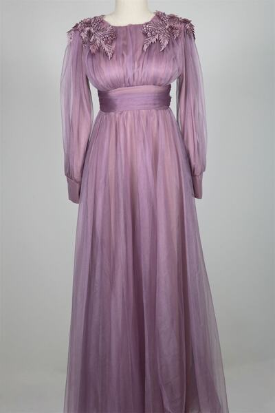 hepyen 38819 Omuzlar Çiçekli Uzun Tül Elbise - Lila