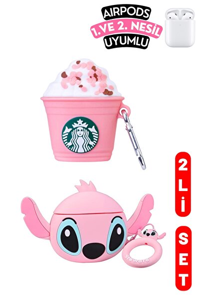 EWEC 2'li Set 1. Ve 2.nesil Uyumlu Pembe Starbucks Ve Stitch Figürlü Kulaklık...