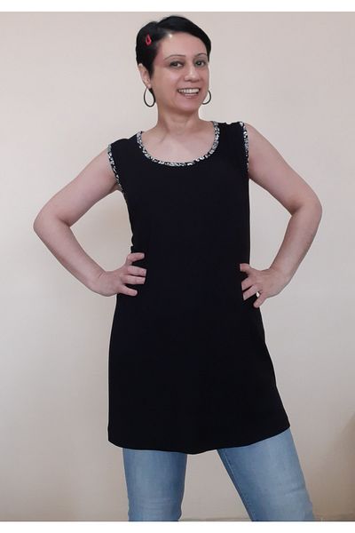 Mertcan Butik Thick Strap Black and White Piping Detailed Black T-Shirt