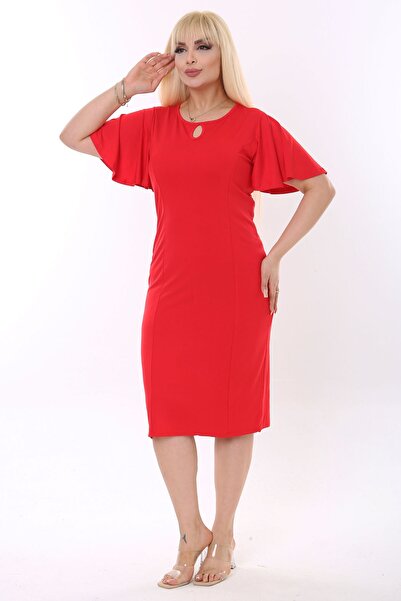 Mooi XXL Kadın Kırmızı Kelebek Kol Kuplu Büyük Beden Elbise