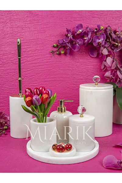 MIARIK DESIGN & DEKORASYON Dekoratif Beyaz Mermer Gold Kristal Detaylı 7 Li B...