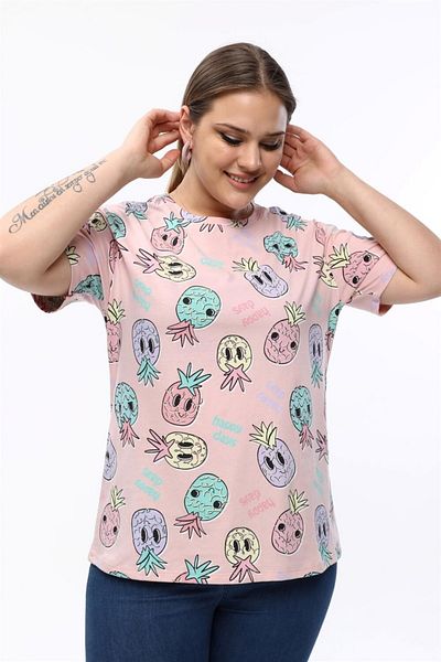 Seamoda Γυναικείο μπλουζάκι Basic Plus Size με λεπτομέρεια ανανά-ροζ