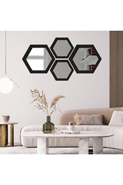 oncawall Duvar Dekorasyon Dekoratif Aynalı Pleksi Siyah Ahşap Duvar Süsü 4 Parça