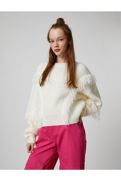 Koton Crew Neck Sweater Long Sleeve Knitted Tassel Detailed