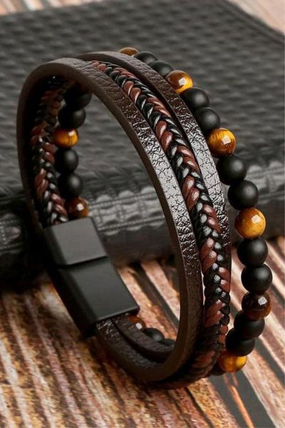 OSMANLI GÜMÜŞ Men's Bracelet - Men's Leather Bracelet - Men's Bead Bracelet - Leather and Bead Combination Bracelet