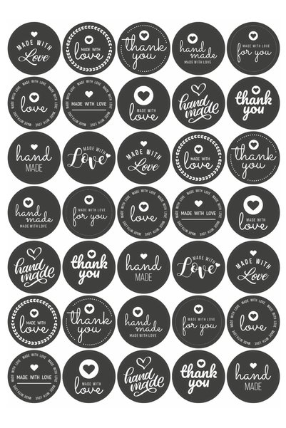 printiks 60 Adet Renkli Handmade Sticker With Love Siyah Beyaz (1 Adet Sticke...