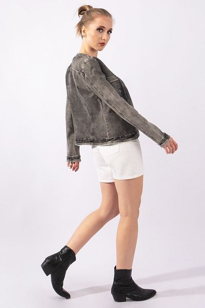 Bold & Young Women's Power Stretch Bleach Washing Black Denim Jacket