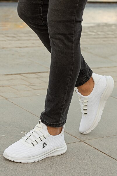 BOUIS Men's White Casual Comfortable Lace-Up Sports Shoes Mesh Anti-Sweat High Sole Sneaker