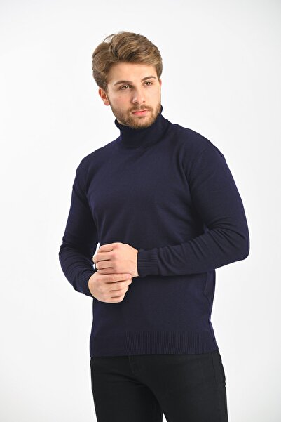 Çizgi Triko Regular Чоловічий трикотажний чорний светр з повним коміром, рукавами та поясом на резинці, зимовий