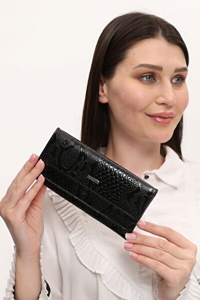 DERKON Crocodile Patterned Useful Genuine Leather Women's Wallet Black