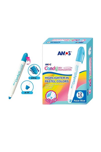 Amos Candy Dry Turn-On Gel Highlighter Pen Pastel Blue Box of 12