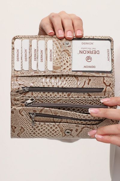 DERKON Crocodile Patterned Useful Genuine Leather Women's Wallet Cream
