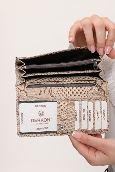 DERKON Crocodile Patterned Useful Genuine Leather Women's Wallet Cream