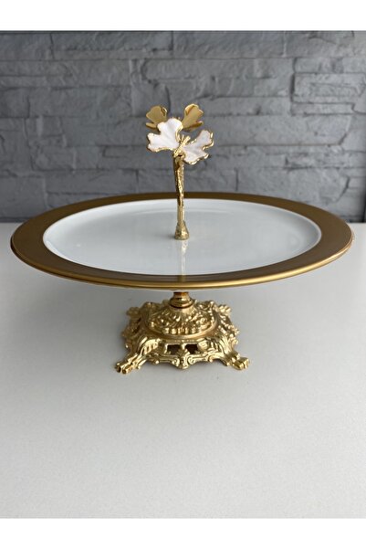 ALANYA HOME DECOR Kelebekli Gold Yuvarlak Ayaklı Pastalık 28 Cm