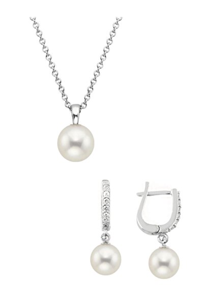 bymissmücevherat 925 Ayar Gümüş Yuvarlak Model Kolye Küpe Inci Set 8 Mm