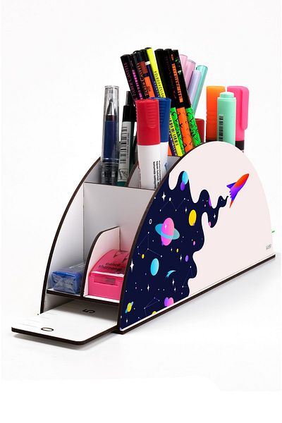 kutuTR حامل قلم مكتبي خشبي Vip Galaxy Model Rainbow Ruled مع صندوق مجمع