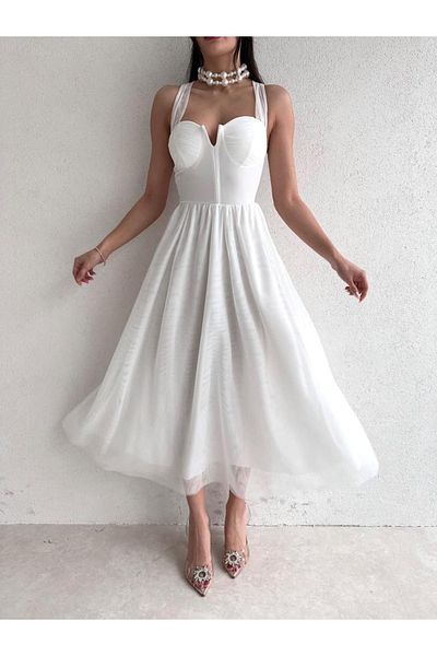 munora butik Tulle Detailed Crossed Low-cut Midi White Dress