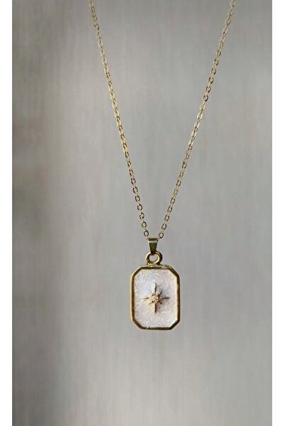 Asia by Leuvoié Altın Kaplama Beyaz Mineli Dikdörtgen Kutup Yıldızı Kolye