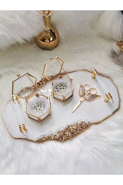 RESİNARTSHOP Epoksi Tepsi 4 Parça Taşlı Nişan Seti Gold