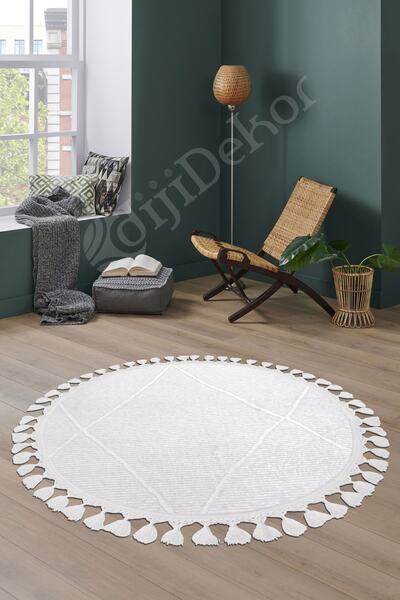 Dijidekor Pamuklu Beyaz Bohem Yuvarlak Saçaklı Banyo Halısı 80x80